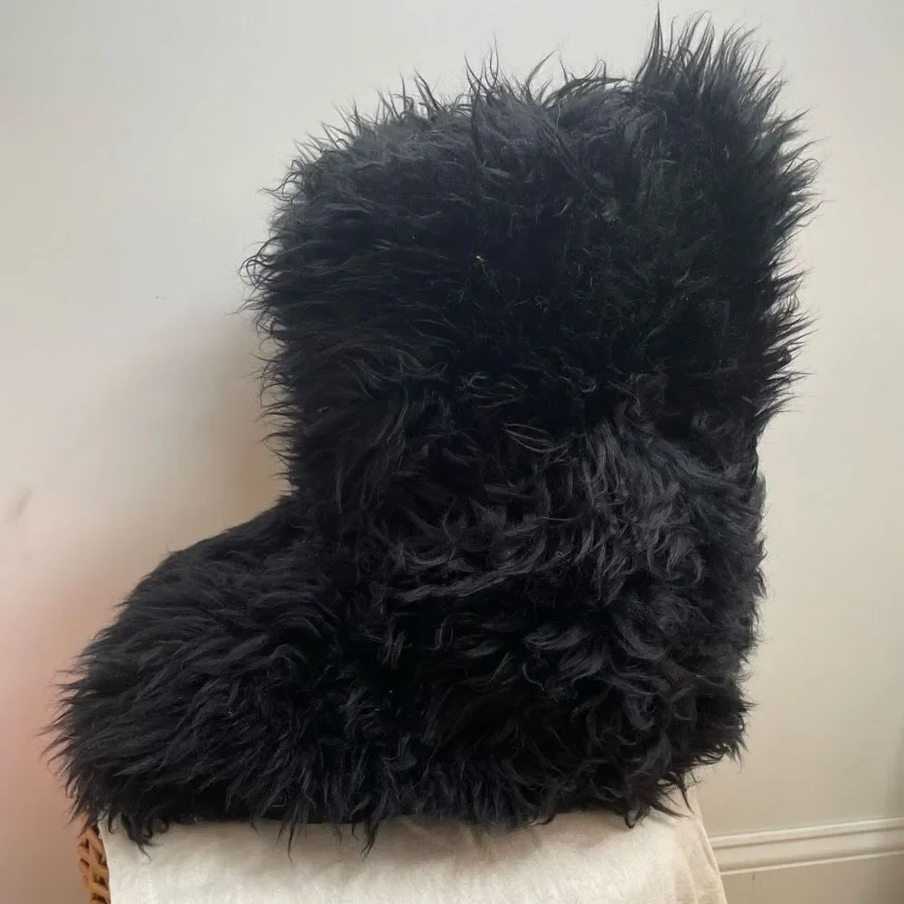 UGG Australia Tall Black Fluff Mama Boots 7 Shaggy Momma Wool‎ Fluffy Rare Y2K